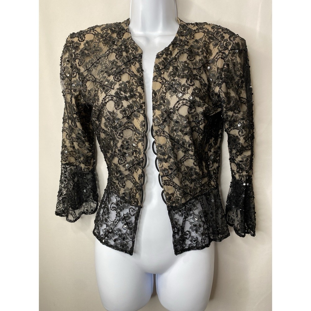 Vintage‎ Cache Womens Open Front Top Medium Lace Sequins Sheer Christmas Party